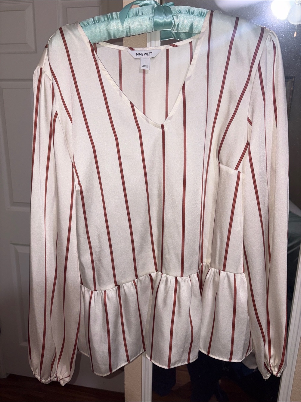 Nine West Cream Blouse with Rust Stripe Peplum